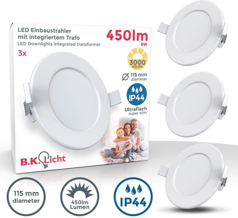 B.k.licht - Einbauspot 100mm 3er Set - 230V, 6W, 450lm, led, IP44, warmweiß, weiß