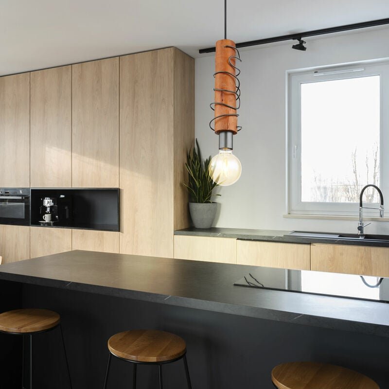 Pendellampe Holzleuchte Wohnzimmerlampe Hängelampe Esstischleuchte schwarz, Metall, 1x E27, DxH 10 x 120 cm