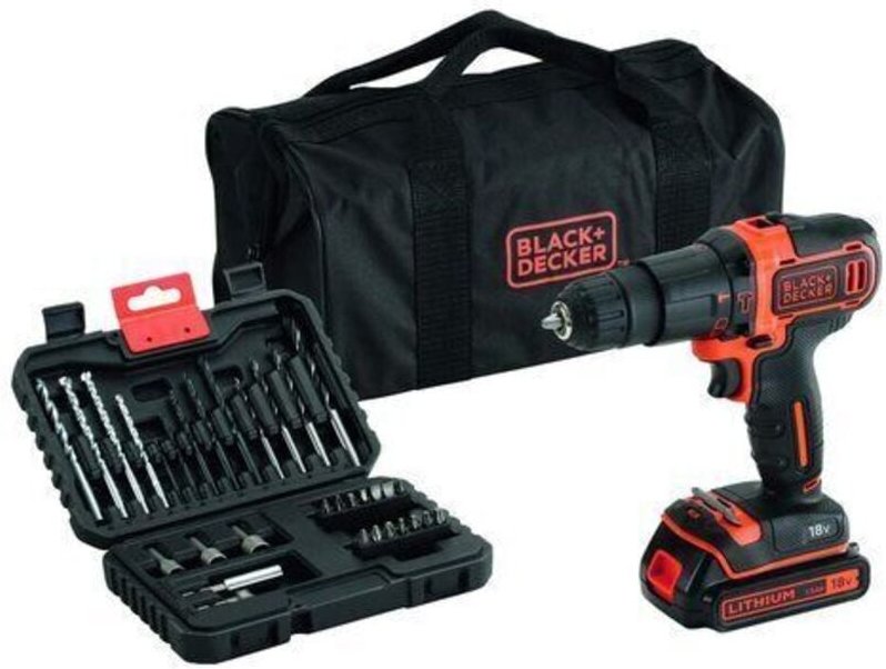 Black&decker - Akku-Schlagbohrmaschine mit 1 Akku - Ladegerät - Zubehör - Softbag - BDCHD18S32-QW