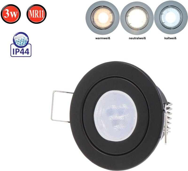 Led Line - IP44 Einbaustrahler Set GU4 MR11 Leuchte Spot Einbaurahmen Wasserdicht Lampe Rund Schwarz aus Aluminium mit G...