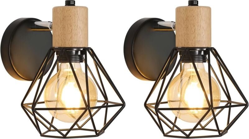 2er-Set Vintage-Industrie-Wandleuchten, 360° verstellbare Wandlampe aus Holz, E27-Wandleuchten aus Metall und Eisenkäfig...