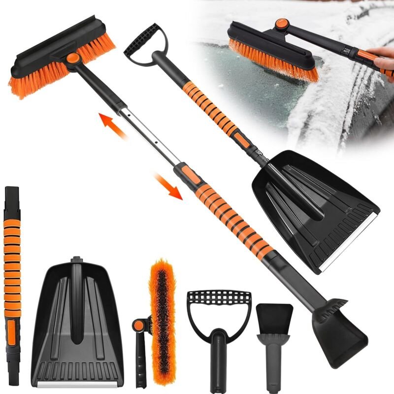 Eiskratzer mit Besen, 5-in-1, ausziehbar, abnehmbar, Schneeschaufel, 180° drehbare Schneebürste mit ergonomischem Schaum...