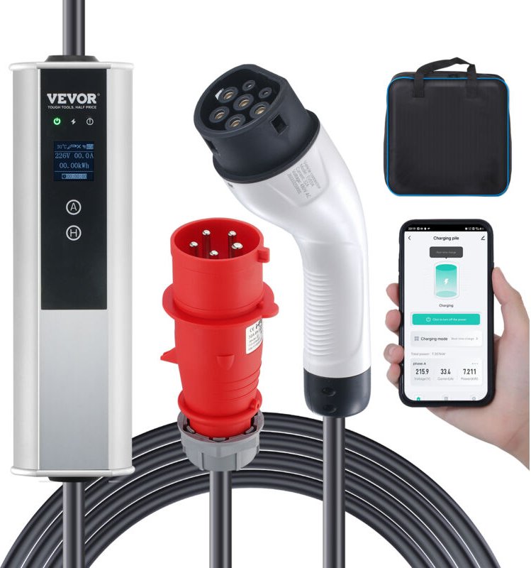 Vevor Typ2 ev Ladekabel für Elektrofahrzeug 32A Ladegerät mit cee 32 Stecker Wallbox 7,36kW(einphasig)/22kW(dreiphasig) ...