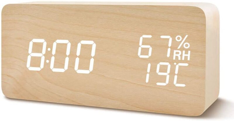 Digitaler Wecker aus Holz mit 3 Weckzeiten, elektronischer LED-Zeitanzeige, 3 Helligkeits- und Temperaturstufen, ideal f...