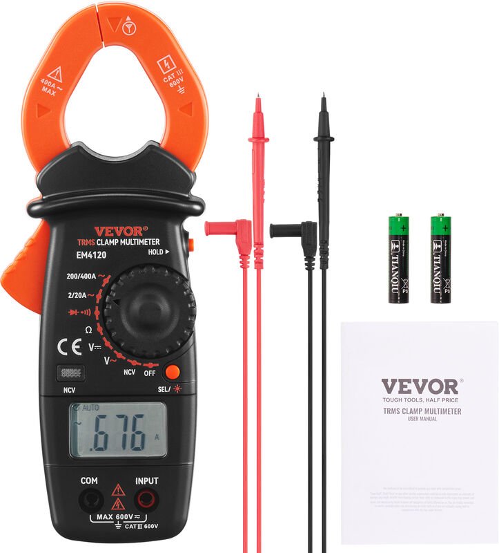 VEVOR Einschaltstrom Stromzange 2-400A True-RMS AC/DC-Zangenmultimeter 2000 Counts Zangenamperemeter Ideal für AC/DC-Spa...