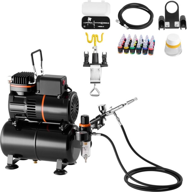 Mophorn Airbrush-Set 1/6 PS mit Luftkompressor und Tank, Dual-Action-Airbrush mit 0,3 mm Düse, Schlauch, Acrylfarben (24...