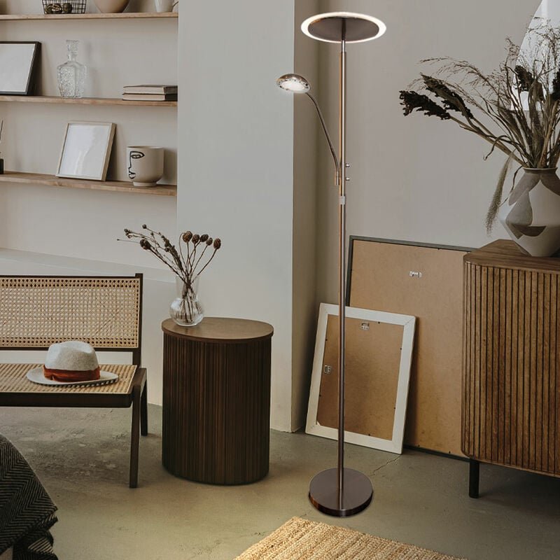 Stehlampe Stehleuchte Schlafzimmerlampe Glas satiniert Deckenfluter, Metall Nickel matt, 1x led 15W 1x led 3 w 3000K, Hx...