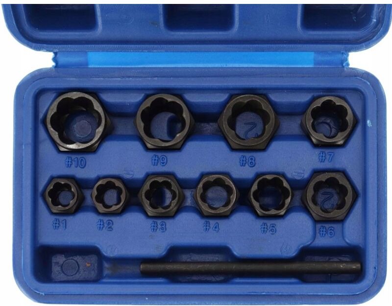 Steckschlüsselsatz für abgebrochene Schrauben, 11-teilig, 9–19 mm, silber