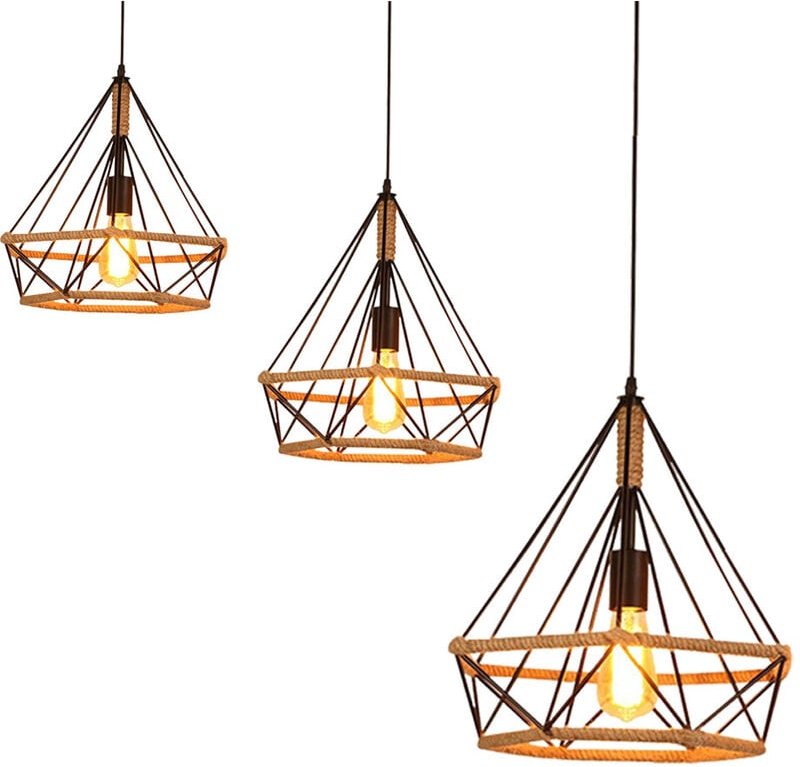 Pendelleuchte Hanf Seil Hängelampe mit Käfig Ø25cm Diamant Form Lampen im Industri Stil für für Wohnzimmer Esszimmer Sch...