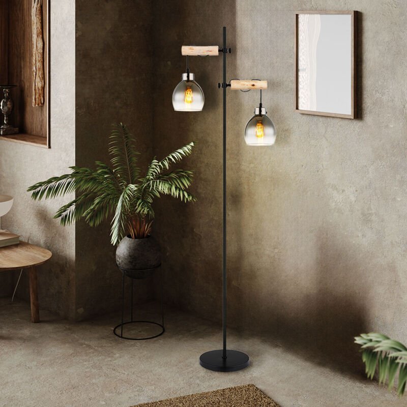 Stehlampe Stehleuchte Wohnzimmerlampe 2 flammig höhenverstellbar Rauchglas Holz