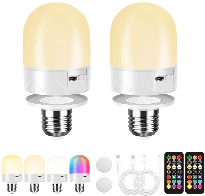 E27 wiederaufladbare Glühbirne mit Fernbedienung, USB-Batteriebetriebene Glühbirne für Lampe, RGB-Farbbirne, 12 Farbtemp...