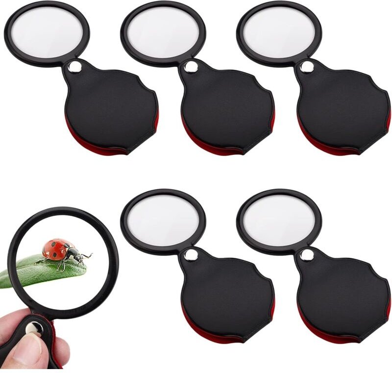 Set mit 5 Mini-Lupen, 10-fache Vergrößerung, faltbare Taschenlupe mit drehbarem Etui zum Lesen, für Kartenbeschriftungen...