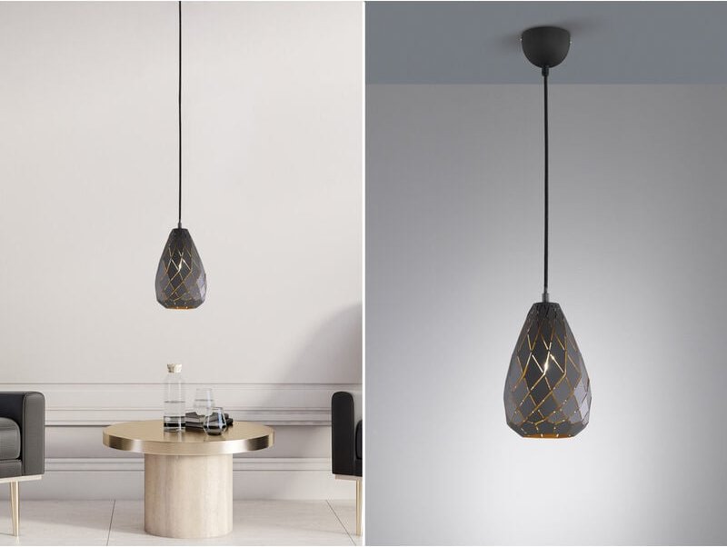 Trio - Pendelleuchte onyx geometrisch mit Lasercut Muster Anthrazit innen Gold, ø 15cm