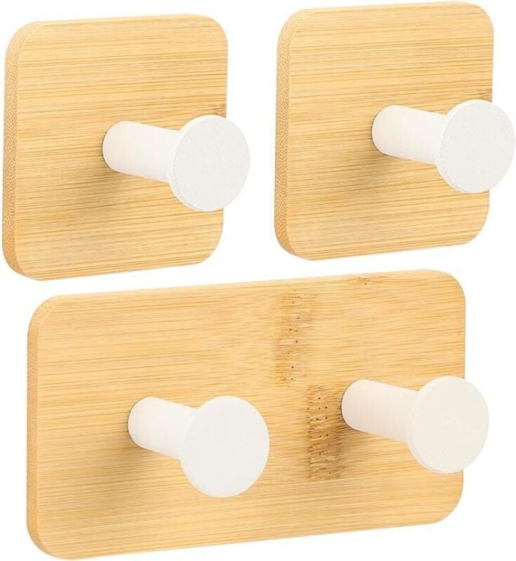 Handtuchhalter Holz, 3 Stück Wandhaken Holz, Selbstklebende Haken, Klebehaken Extra Stark, Bambus Klebehaken Weiß für Sc...
