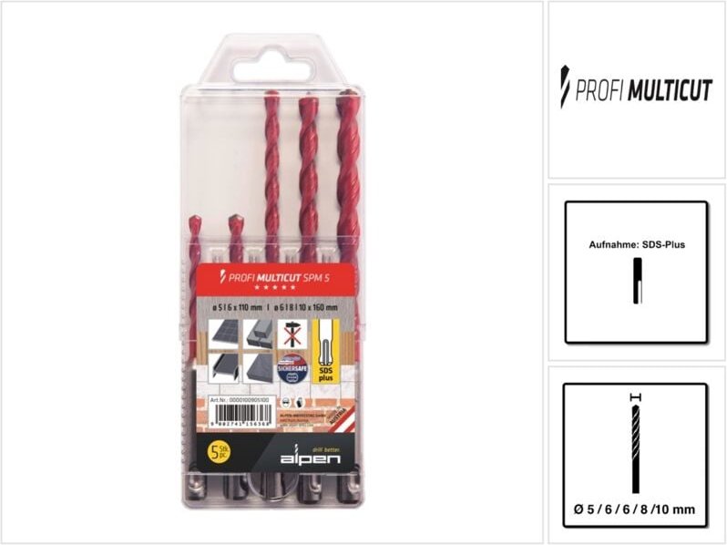 MultiCut 100905100 Hartmetall Mehrzweckbohrer-Set 5teilig 5 mm, 6 mm, 8 mm, 10 mm SDS-Plus 1 - Alpen