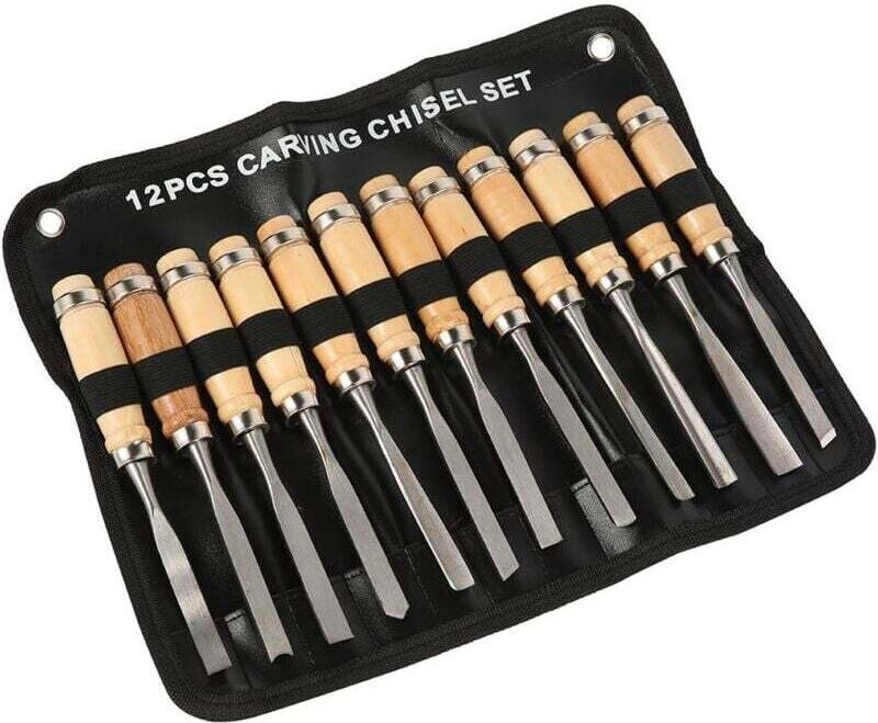 12-teiliges Holzschnitzwerkzeug-Set: Holzmeißel mit Holzgriffen und Spule, Schnitzmesser, professionelles Holzschnitzwer...