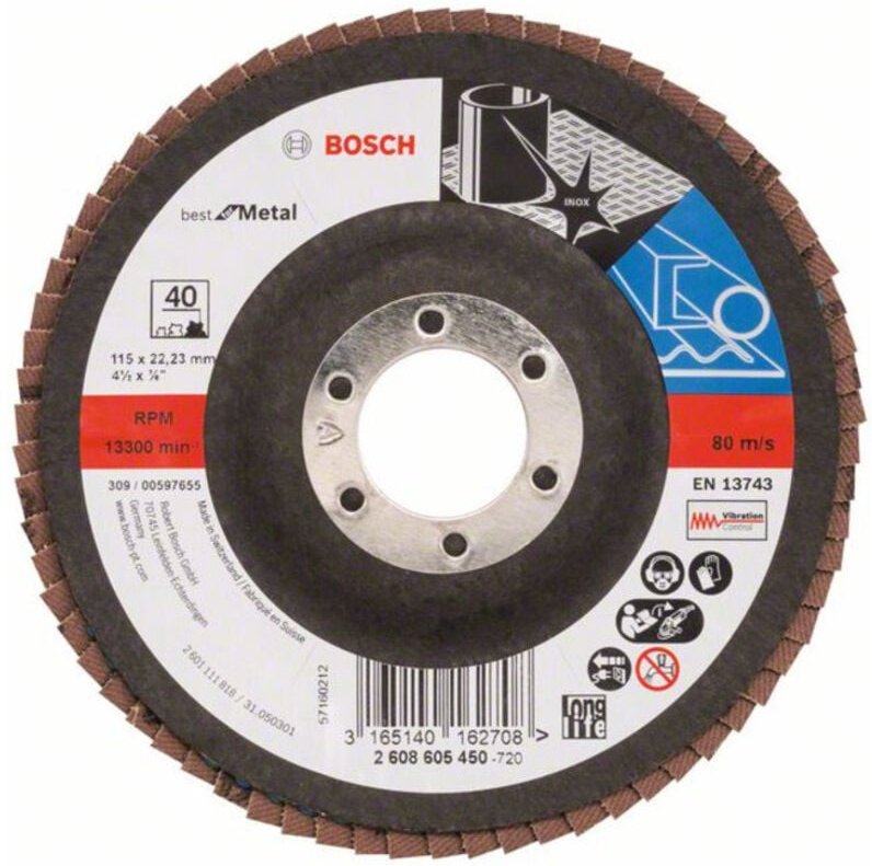 Thumbnail - Fächerschleifscheibe X571, Best for Metal, gewinkelt, 115 x 22,23 mm, 40, Glas 10 Stk - Bosch
