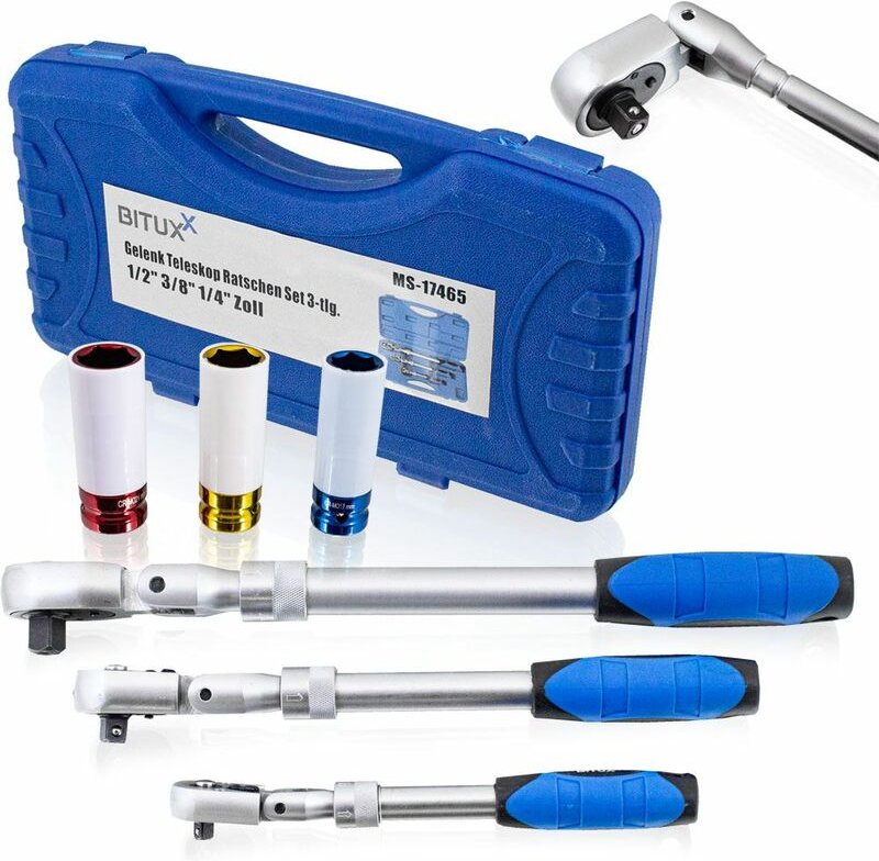3 tlg Teleskop Gelenk Ratschen 1/4 3/8 1/2 90° Knarre ausziehbar Umschaltknarre Set inkl Felgenschutz Schlagnüsse Nüsse ...