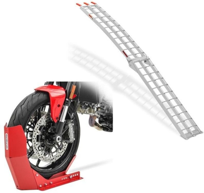 Alu II Lade Rampe aus Aluminium max. 340 kg faltbar für Motorrad ATV + Easy-Fix Radblock Vorderradstütze 21 Zoll rot