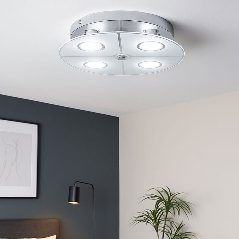 Deckenleuchte Chrom led Deckenlampe Wohnzimmer, Glas satiniert, 4x 3W 250lm 3000K, DxH 30x7,5 cm