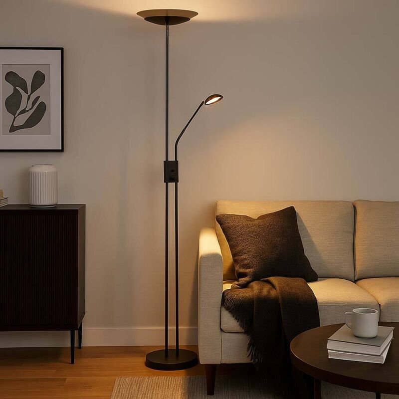 Led Deckenfluter Stehlampe Wohnzimmerleuchte Schlafzimmerlampe, Metall schwarz Glas rauchfarben Kunststoff, dimmbar Lese...