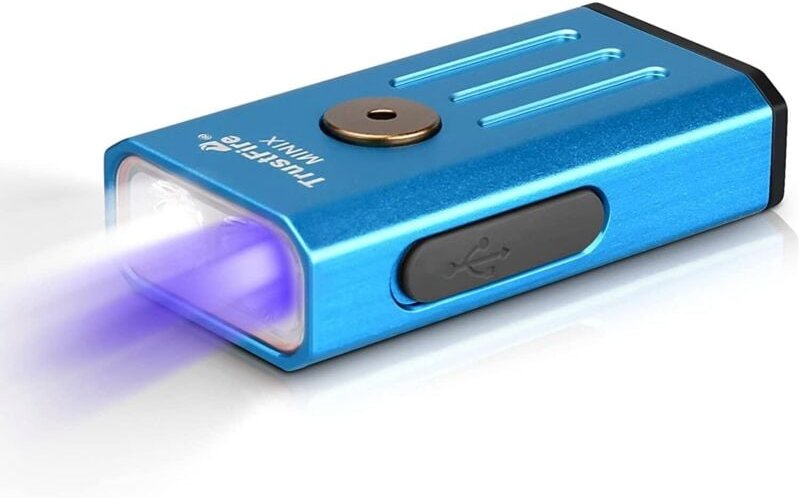 LED-Schlüsselanhänger-Taschenlampe, 320 lm, Mini-EDC-Licht, kleine tragbare leichte Taschenlampe (weiß + UV (365 nm) Dop...