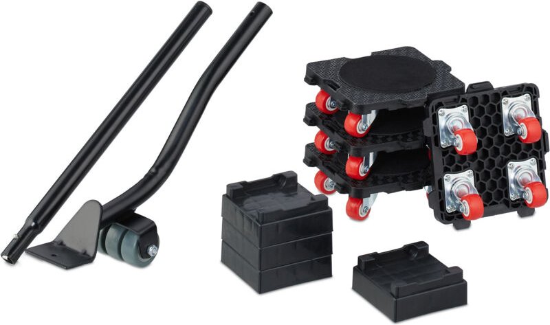Relaxdays - Möbelheber und Möbelroller Set, Transportrollen Möbel, bis 300 kg, 4 Aufsätze, Möbelverschieber, schwarz/rot
