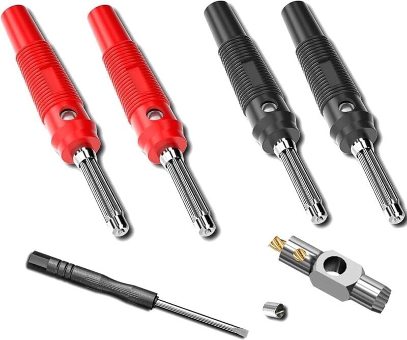 4 Stück Bananenstecker 4mm, Stapelbare 20A Hochstrom Schraubstecker Lötfreie Bananenstecker Adapter für Messgeräte,Rot&S...