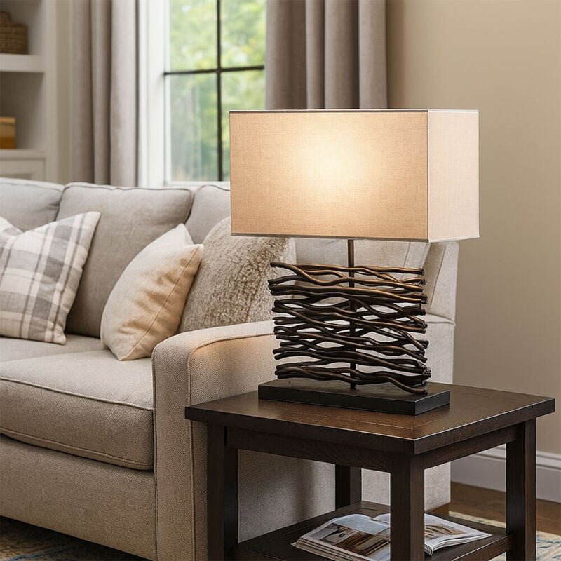 Led Tischleuchte Tischlampe Beistelllampe Holzlampe Schreibtischlampe Wohnzimmerlampe, Holz schwarz Stoff grau, 10,5W 10...