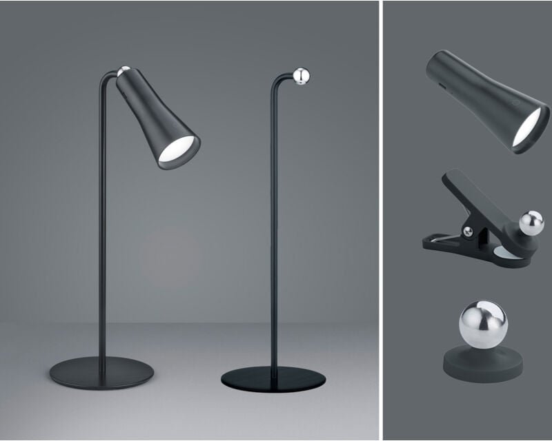 3 in 1 led Akku Tischleuchte maxi mit Klemm- & Klebestation, Schwarz h: 36cm