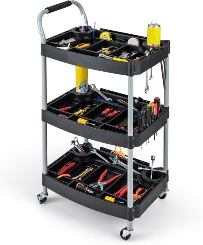 Costway - Chariot Servante d'Atelier à 3 Niveaux avec Roues Universelles, Chariot à Outils Roulant Séparateur Multiple P...