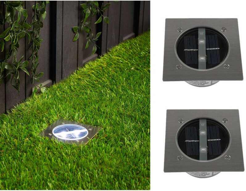 Meinewunschleuchte - Solar led Bodeneinbaustrahler 2er set für Außen, Edelstahl 4-eckig 10x10cm, IP67