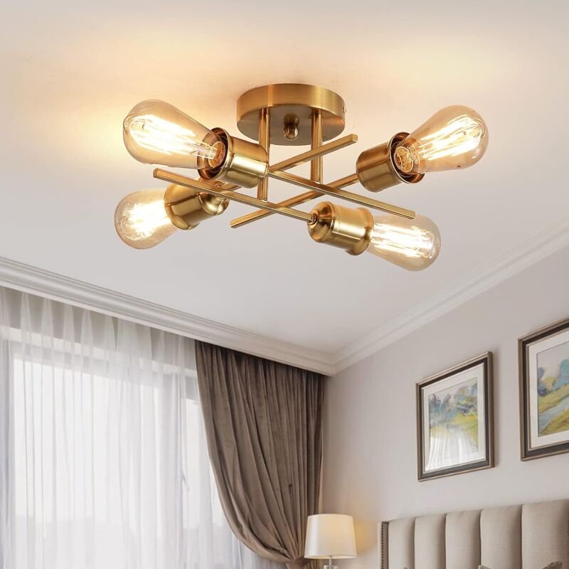 Ganeed - Goldfarbene Moderne Deckenleuchte Industrielle 4-flammige Deckenleuchte Halbbündige Montage, Kronleuchter, Wohn...
