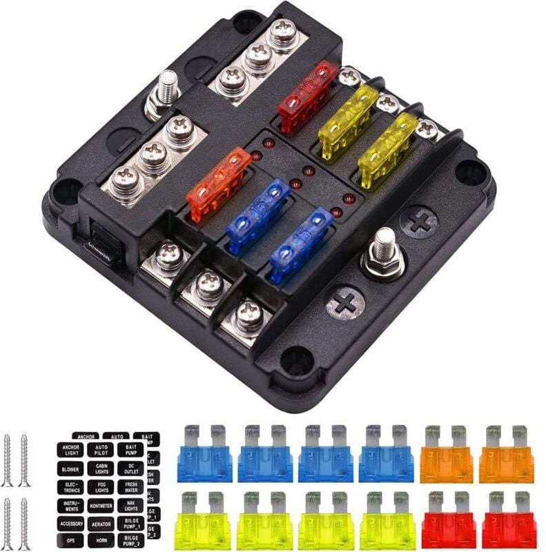 × 6-Wege-Sicherungsblock, wasserdicht, Autosicherung, Sicherungshalter, Flachsicherungsblöcke mit 16 Sicherungen, 6 LED-...