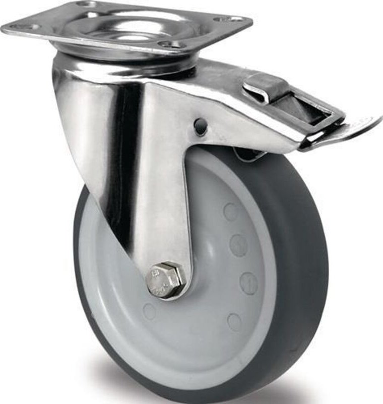 Lenkrolle mit Totalfeststeller Rad-Ø 125 mm Tragfähigkeit 100 kg mit Anschraubplatte Gleitlager tpe grau