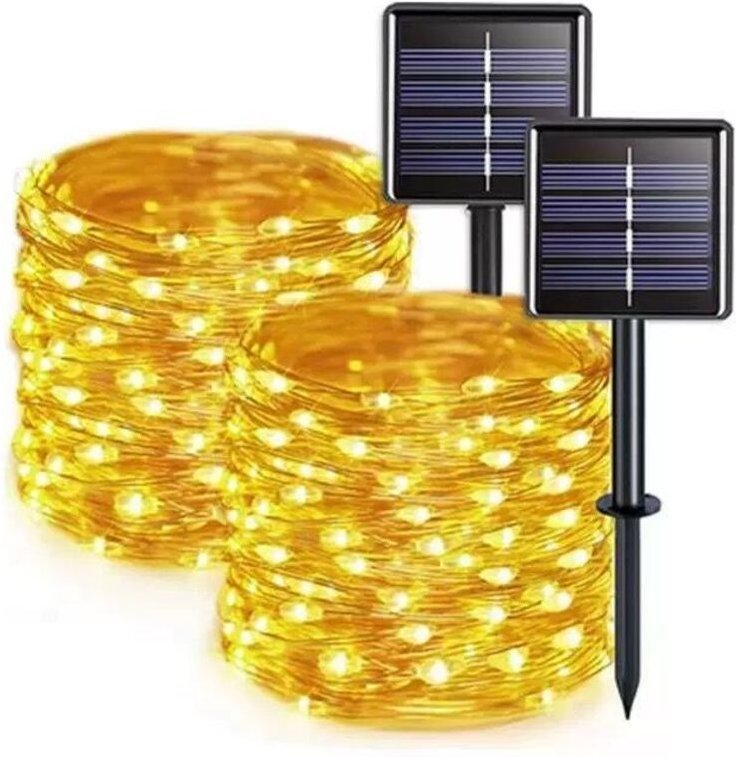 2er-Pack Solar-Lichterketten für den Außenbereich, je 12 Meter, 100 LEDs, wasserdichter Kupferdraht und 8 Modi, Solar-Bl...