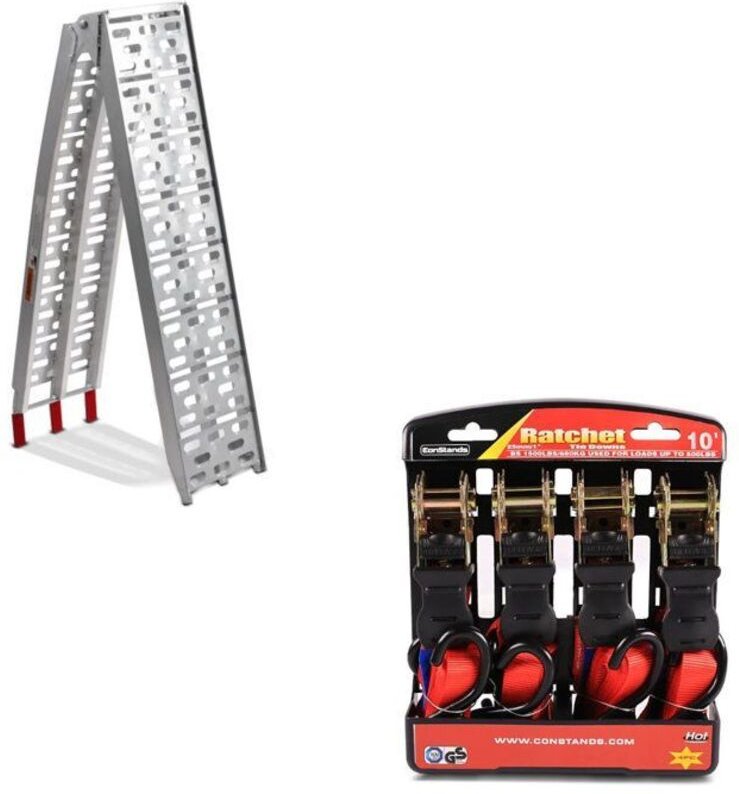 Alu-Ladebordwand max. 340 kg faltbar für Scooter Quad ATV + Motorrad Gurt-Set