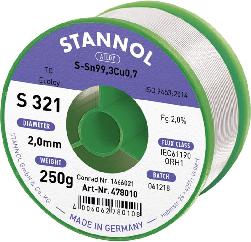 S321 2,0% 2,0MM SN99,3CU0,7 cd 250G Lötzinn, bleifrei bleifrei, Spule Sn99,3Cu0,7 ORH1 250 g - Stannol