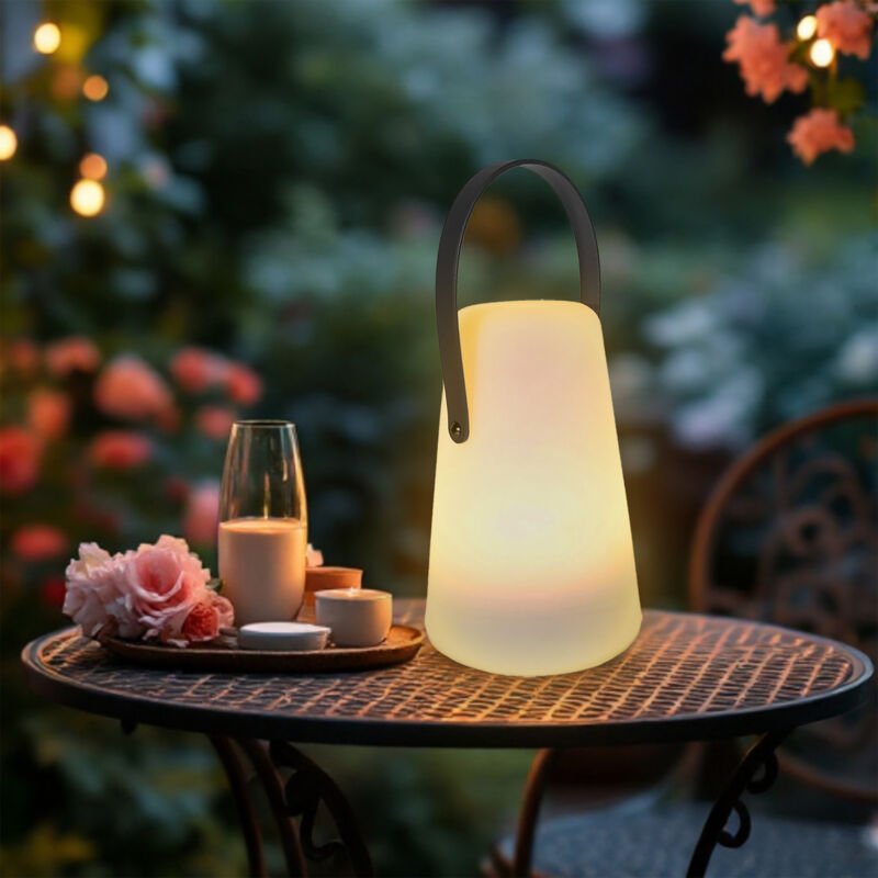 Spetebo - led Tischlampe mit Lederband konisch rund - 20 x 14 cm - Garten Tisch Leuchte mit Timer