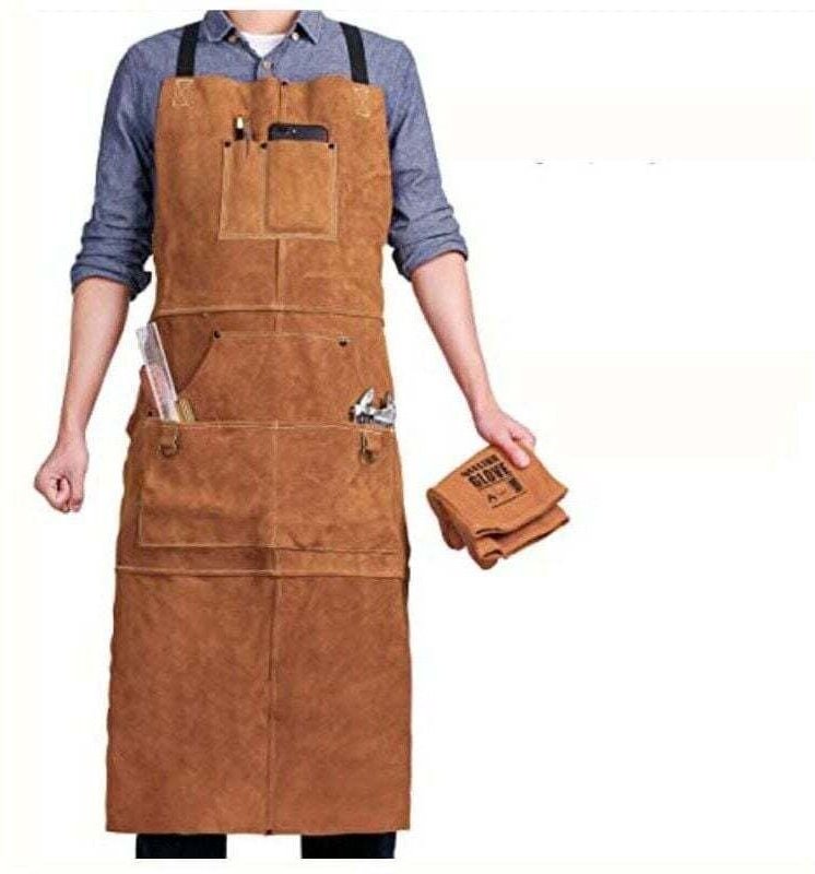 Schweißerschürze mit 6 Taschen und einem Paar isolierten Handschuhen, hitzebeständige, flammhemmende Arbeitsschürze aus ...