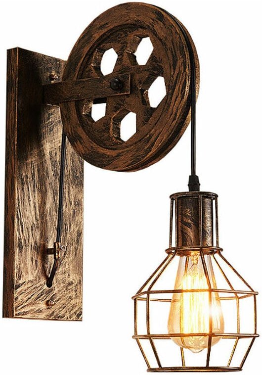 Wandleuchte Innen, Kreativ Flaschenzug Wandlampe, Vintage Industri Wandlampe mit Metallkäfig für Wohnzimmer Schlafzimmer...