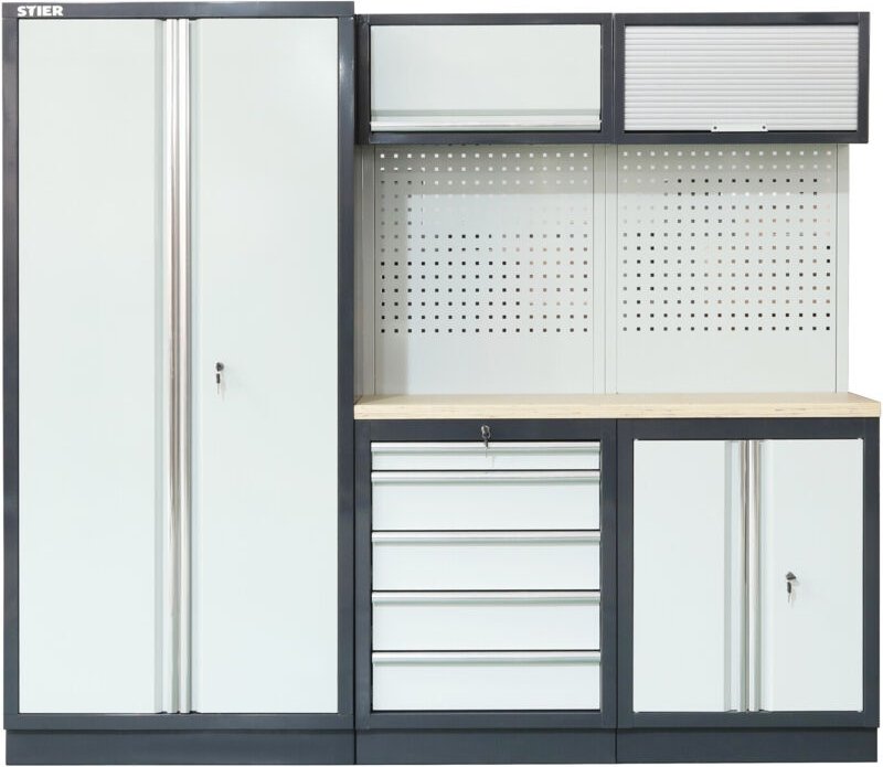 Werkstatteinrichtung Basic, 3-teilig, modular, mit Lochwand und Multiplex-Arbeitsplatte, BxTxH 2275x460x2000mm - Stier