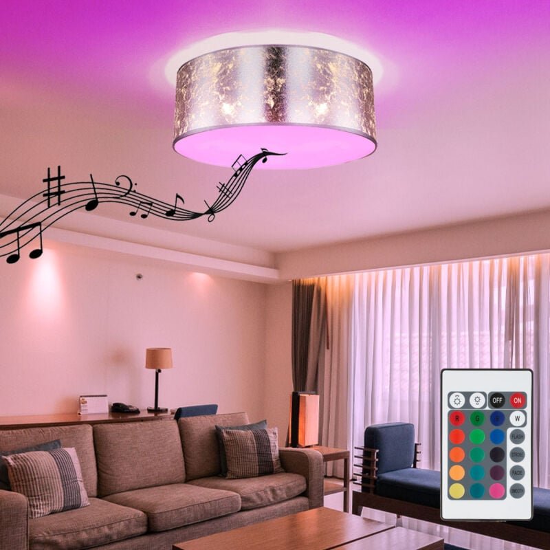 Deckenlampe mit Bluetooth Lautsprecher 40 cm Schlafzimmerlampe silber Deckenlampe Wohnzimmer, Fernbedienung dimmbar, 3x ...