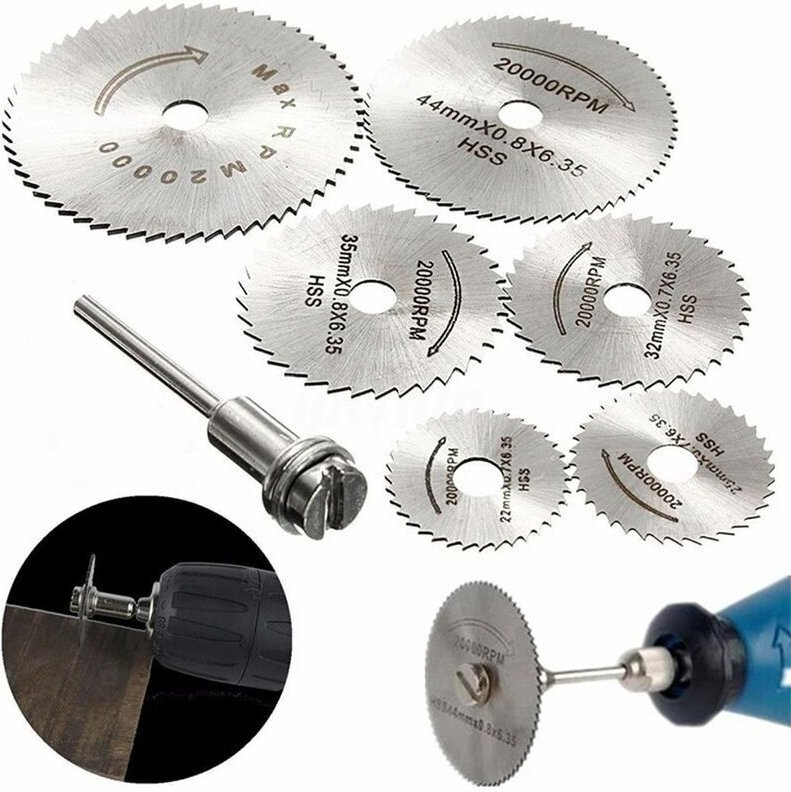 Set mit 6 HSS-Sägeblättern und 1 Verlängerungsstange mit 1/8"-Schaft, Trennscheibensatz für Rotationswerkzeuge