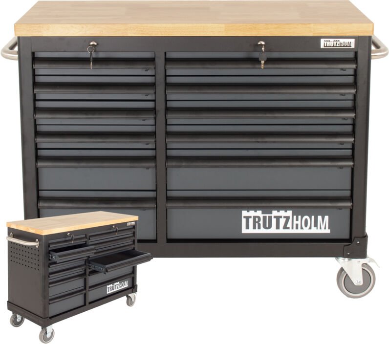 Baumarktplus - Werkstattwagen deluxe 12 Schubladen unbestückt mit massiver Arbeitsplatte Anthrazit/grau