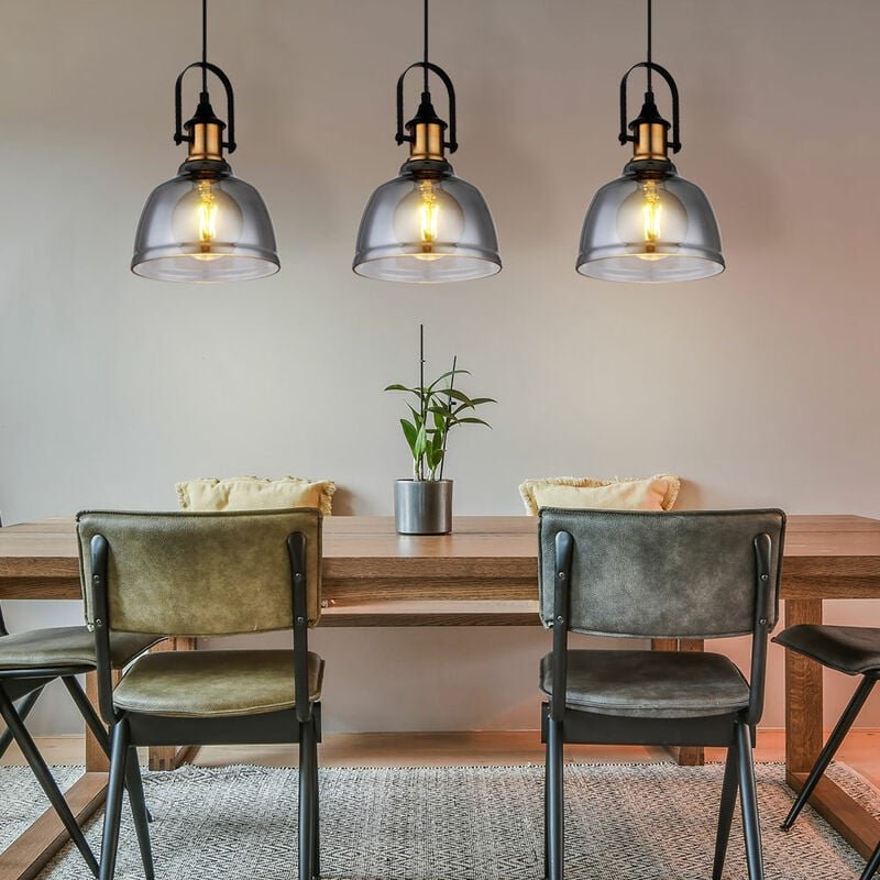Pendelleuchte Pendellampe Hängeleuchte Esszimmer 3 flammig, Metall Rauchglas messing, 3x E27 Fassungen, LxBxH 83,5x20x12...