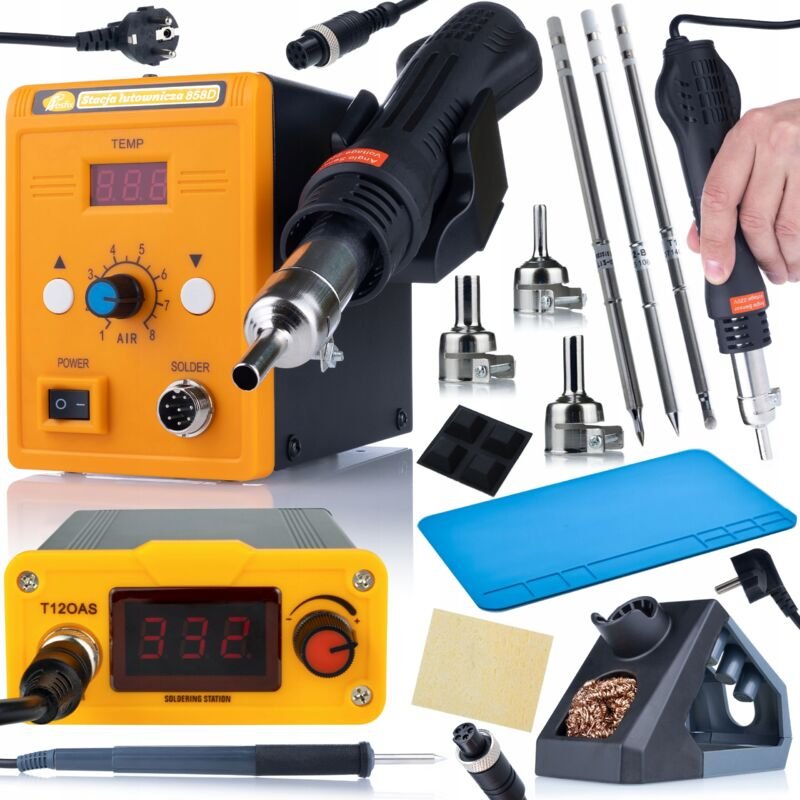 Rosfix Set T12OAS + 858D – Lötstation mit T12-Spitzen & Heißluftstation 75 W, 200–450 °C, 700 W Hot-Air 3 Düsen, 3 Spitz...