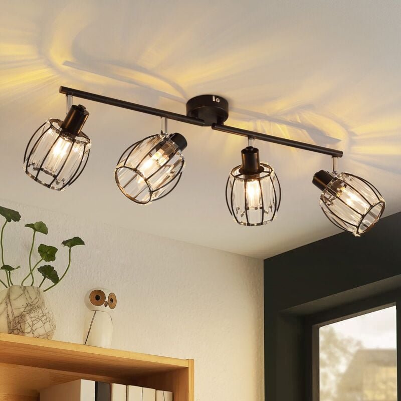 Deckenstrahler Vintage Deckenspot 3 Flammig - Deckenleuchte Kristall Lampenschirm Retro Strahler Industrial E14 Schwarz ...