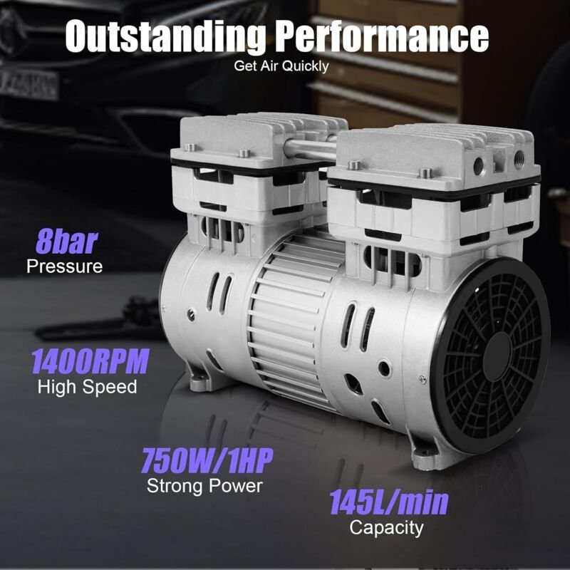 Flüsterkompressor 8 Bar Motor Ölfreies Kompressor Aggregat 145L/min Kompressoraggregat 750W/1HP Luftkompressor Kopf Leis...