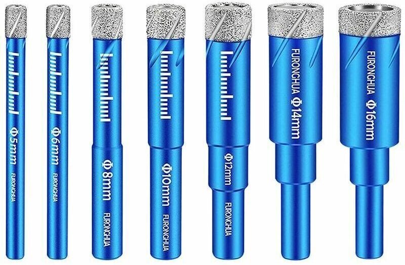 Set mit 7 diamantbesetzten Fliesenbohrern, Metallbohrern, 5/6/8/10/12/14/16 mm, für Glas und Stein